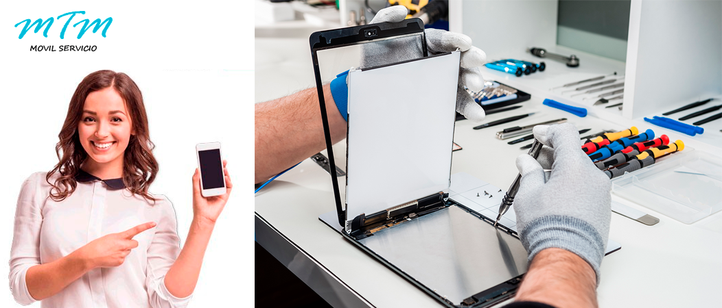 Técnico de MTM Móvil Servicio reparando una tablet con herramientas profesionales